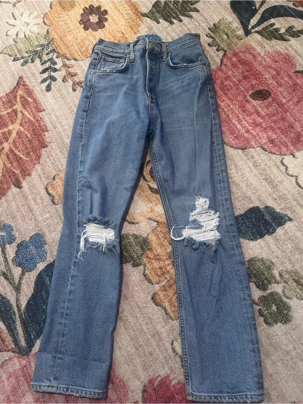 Agolde Riley Light Blue Straight Leg Crop Ripped Jeans - Picture 2 of 9